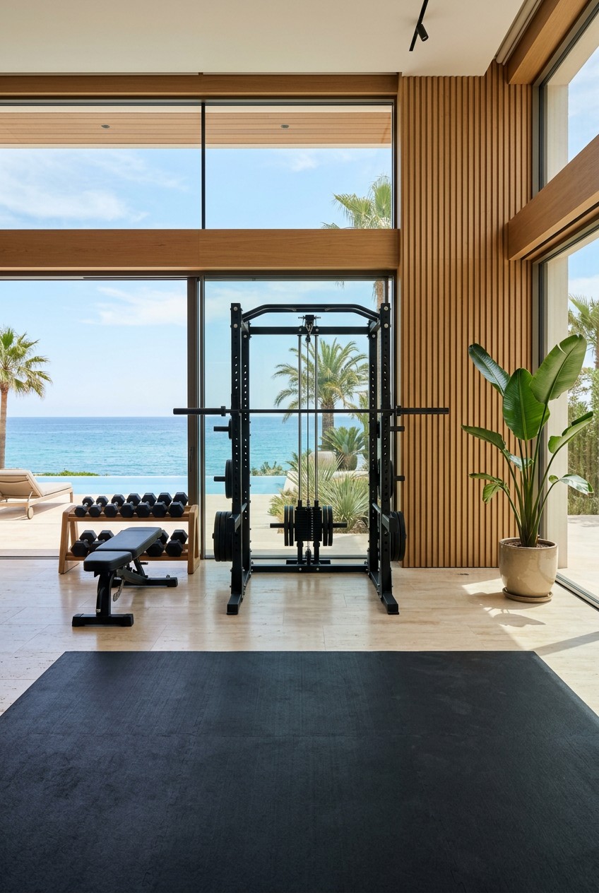 A private villa gym with a power rack, bench and dumbbells facing the sea