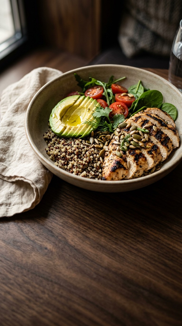 A bowl of grilled chicken, quinoa, avocado and greens